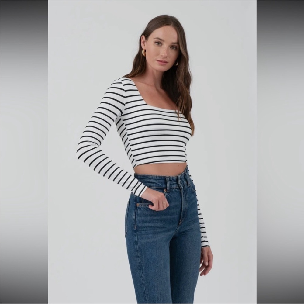 The Workshop striped long sleeve square neck crop top
